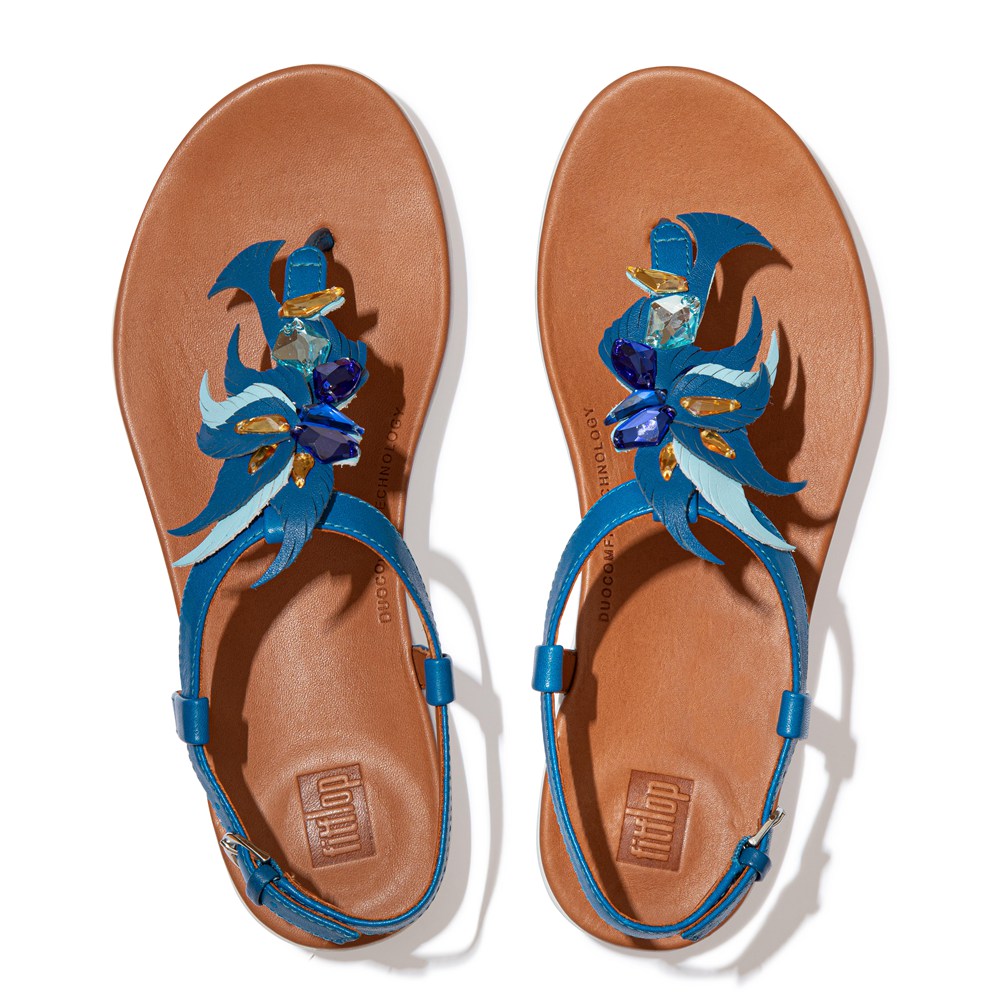 Fitflop Womens Sandals Blue - Tia Jewel Feather Leather Back-strap - MR1865247